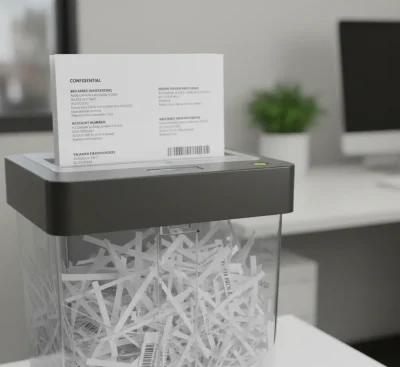Trituradora de papel destruyendo documentos confidenciales en una oficina moderna